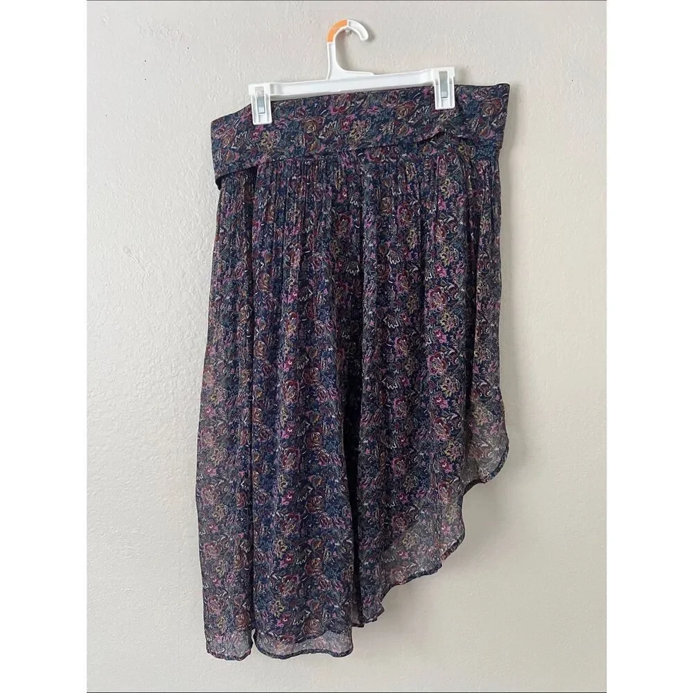 ba&sh Navy Floral Asymmetrical Tie-Waist Skirt